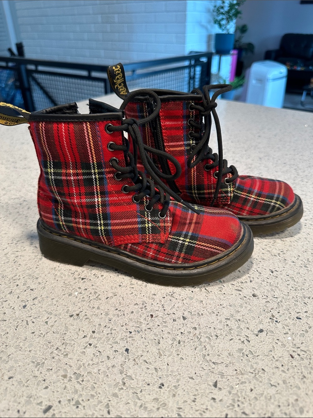 Kids Dr. Martens Red Plaid Lace-Up Combat Boots